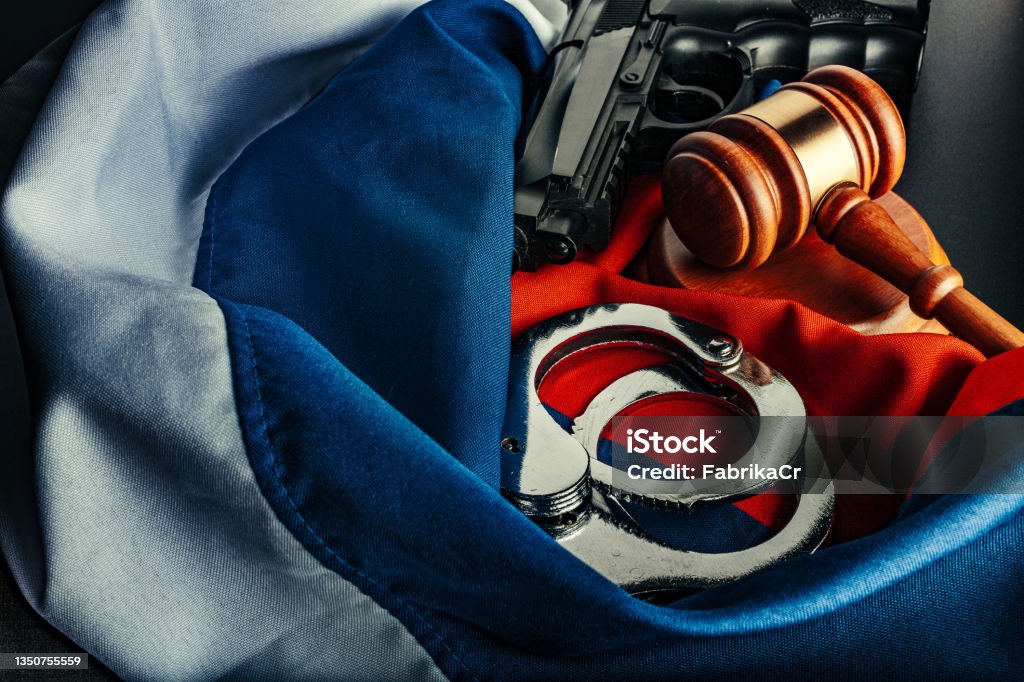 Russian justice. Wooden gavel and russian flag Auction Stock Photo