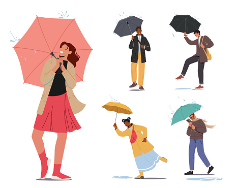 Set of Wet People at Rainy Autumn or Spring Weather Day. Happy Drenched Passerby Characters with Umbrellas Walking Against Wind and Rain Isolated on White Background. Cartoon Vector Illustration