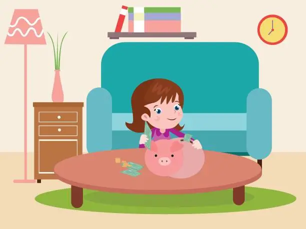 Vector illustration of Cute little girl saving money inside piggy bank