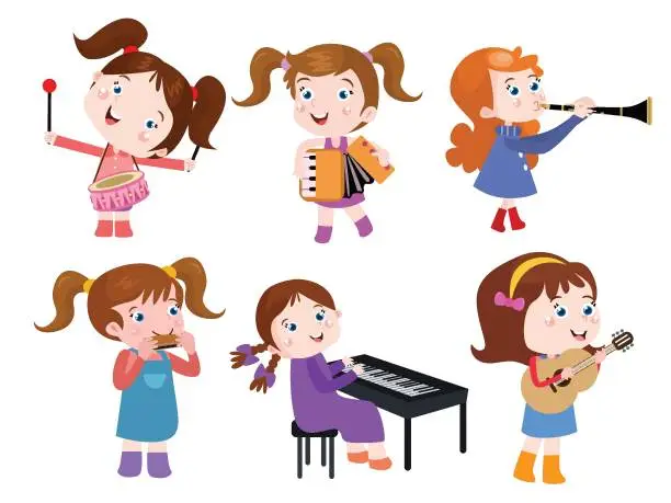 Vector illustration of Group of girls playing various music instrumental