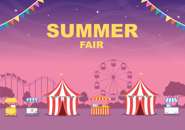 istock Summer Fair with Carnival, Circus, Funfair or Amusement Park. Landscape of Carousels, Roller Coaster, Air Balloon and Playground Vector Illustration 1350757961