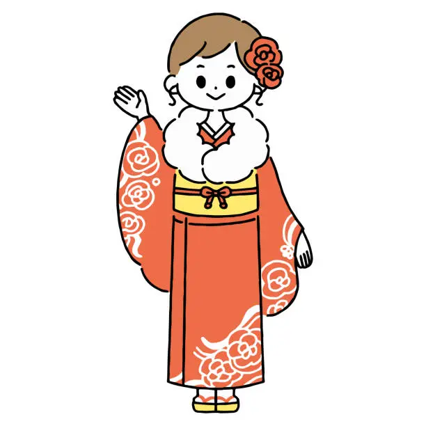 Vector illustration of Woman in red furisode (kimono). Pointing her hand. Vector illustration. Japanese New Year. Costume for coming of age ceremony.