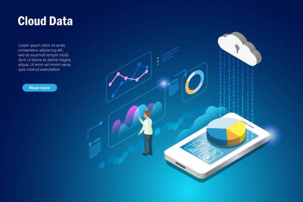 przechowywanie danych w chmurze. biznesmen analizujący wykres z chmury online na smartfonie. - organization chart decisions business business person stock illustrations