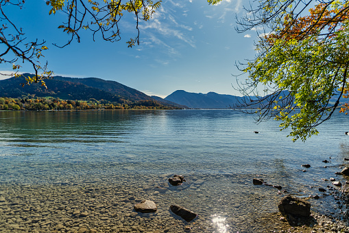 The bavarian lake Tegernsee, a tourism hotsport in the autumn season with the view at the alp mountains