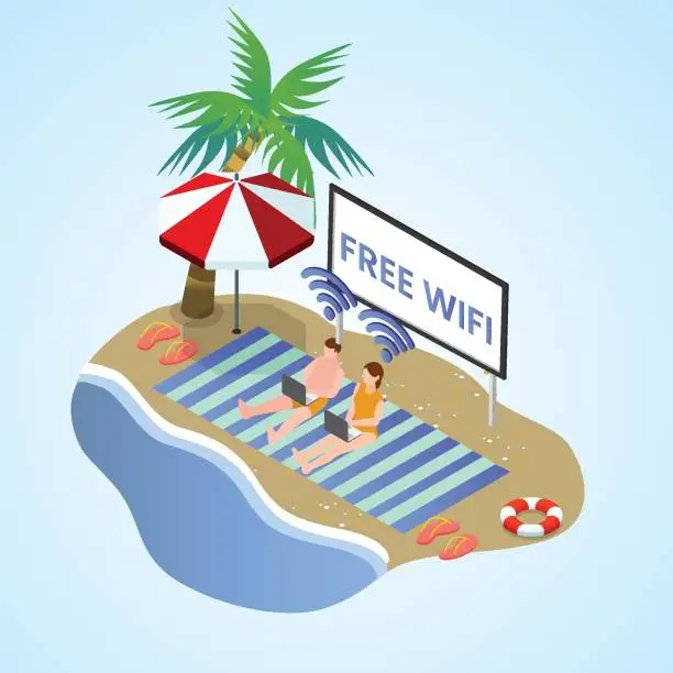 Vector illustration of Free wifi on beach 3d isometric