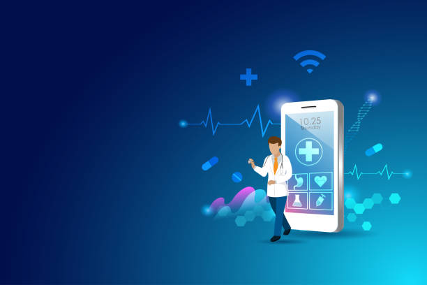 Doctor on smartphone screen diagnosis and give suggestion to patient health problem. Virtual doctor, online hospital, online consultation. Virtual doctor, online hospital, online consultation. Doctor on smartphone screen diagnosis and give suggestion to patient health problem. Medical and healthcare technology concept. 999 call center stock illustrations
