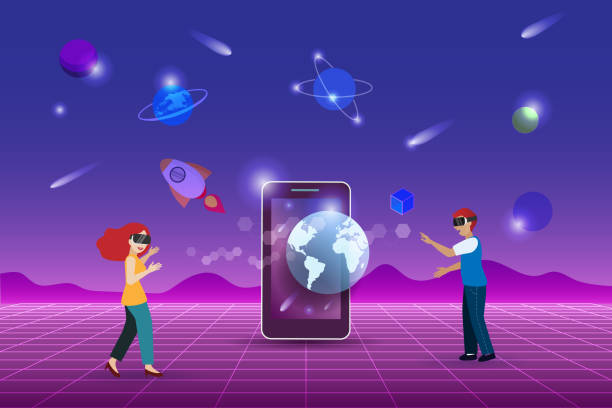 stockillustraties, clipart, cartoons en iconen met metaverse, virtual reality technology, user interface 3d experience on smartphone with virtual space and universe. - metaverse