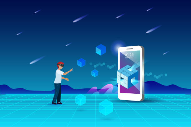 istock Man wear VR glass experience 3D virtual reality on smartphone with blockchain in space and universe environment interface 1350760793