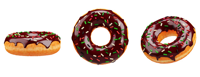 Chocolate donuts isolated on a white background. Doughnuts in chocolate glaze, icon set. 3D illustration, render