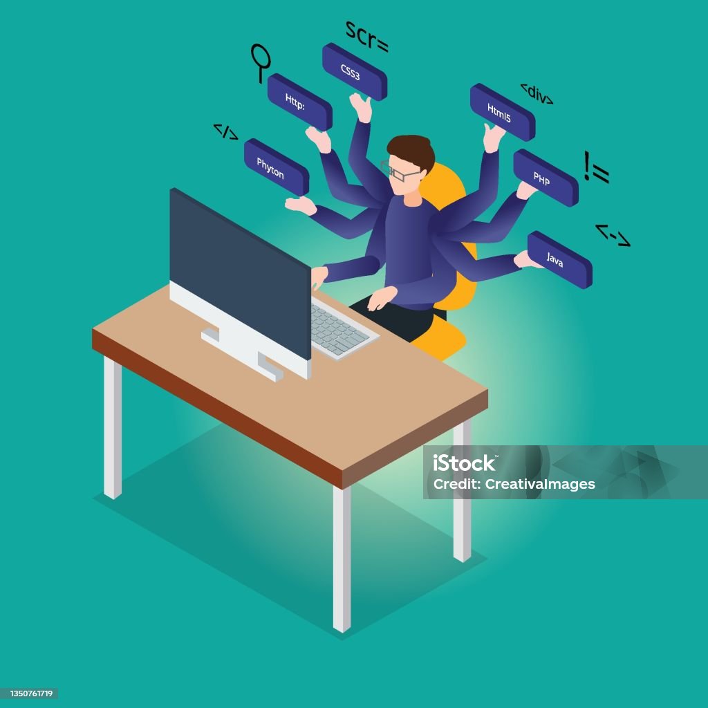 Male Programmer Doing Multitask With Many Hands Stock Illustration ...