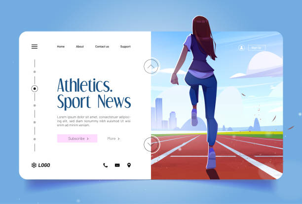 illustrazioni stock, clip art, cartoni animati e icone di tendenza di striscione di atletica leggera con ragazza che fa jogging sulla pista da corsa - track and field athlete