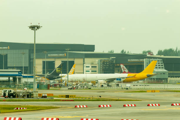 samoloty i hangar na międzynarodowym lotnisku changi (sin-wsss), singapur. - dhl airplane freight transportation boeing zdjęcia i obrazy z banku zdjęć