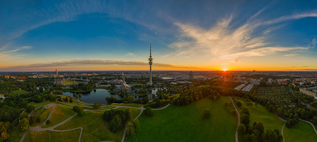 Sunrise over Munich. An authentic image of the bavarian capital in the morning with a beautiful sunrise
