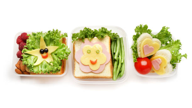 Creative appetizing sandwiches in lunch boxes on white background
