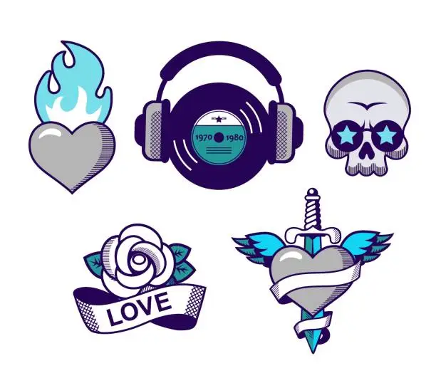 Vector illustration of set of various tattoo old style rock music and love stickers