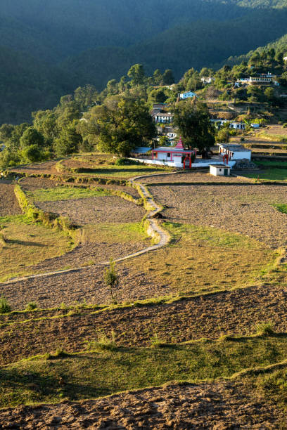 hermoso paisaje escénico de un pueblo ubicado entre las montañas capturadas durante la puesta de sol. pueblo indio situado en las colinas de almora. - sikkim fotografías e imágenes de stock