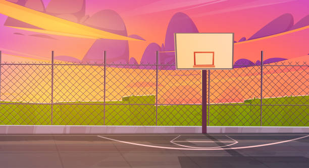 illustrations, cliparts, dessins animés et icônes de terrain de basket-ball, terrain d’arène sportive en plein air. - basketball hoop basketball net backgrounds