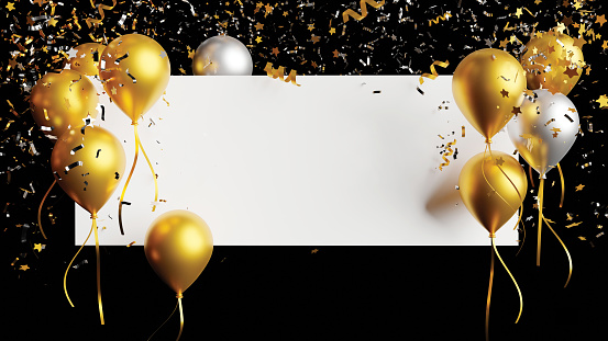 Gold and silver balloon with foil confetti falling with blank banner on black background 3d render