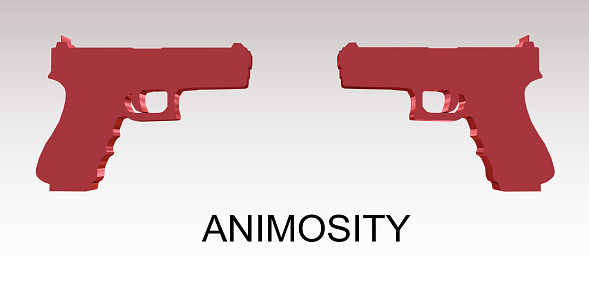 3D illustration of ANIMOSITY title below two guns, isolated over gray gradient.