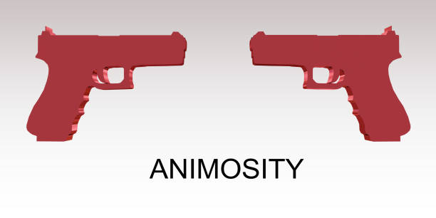 ANIMOSITY - hostility concept 3D illustration of ANIMOSITY title below two guns, isolated over gray gradient. animosity stock pictures, royalty-free photos & images