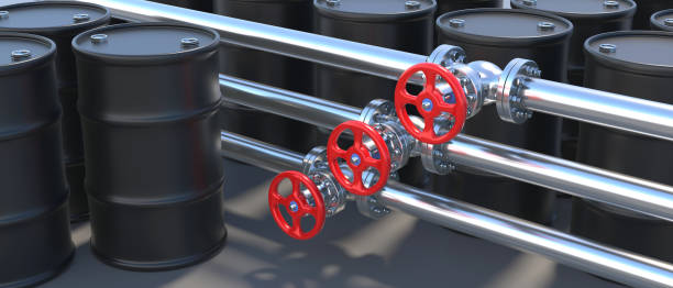 industrierohrleitungen mit roten laufventilen und schwarzen zylindern. öl- und gasindustrie. 3d-illustration - conrtol valve stock-fotos und bilder