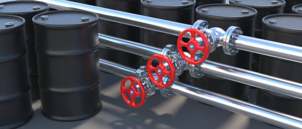 tuberías industriales con válvulas de ruedas rojas y barriles negros. industria del petróleo y el gas. ilustración 3d - conrtol valve fotografías e imágenes de stock