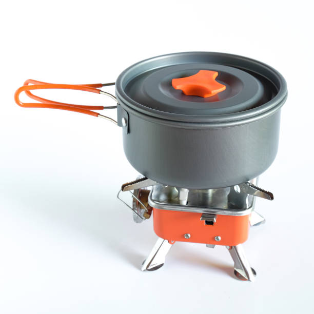 istock Camping pot on stove for cooking outdoor. 1350772308