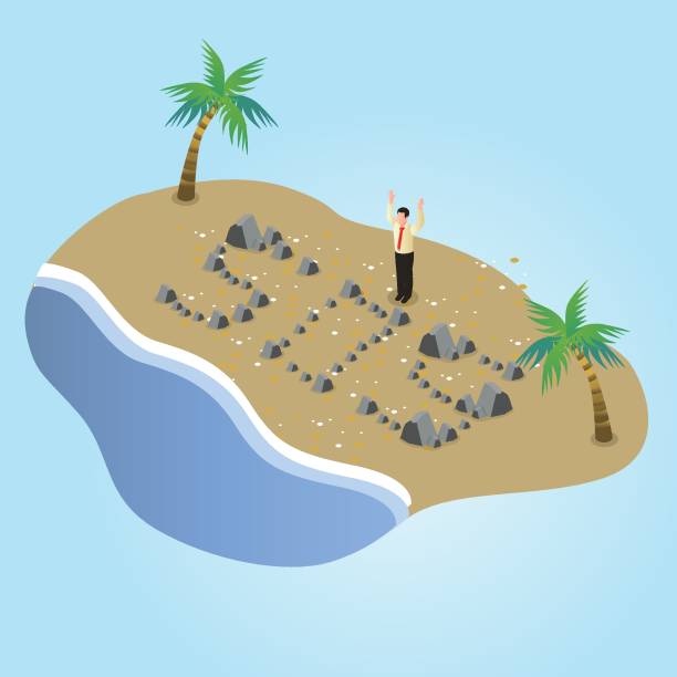 illustrazioni stock, clip art, cartoni animati e icone di tendenza di uomo d'affari bloccato su un'isola isometrica 3d - stranded beached beach businessman