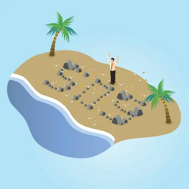 Vector illustration of Businessman stranded on an island 3d isometric