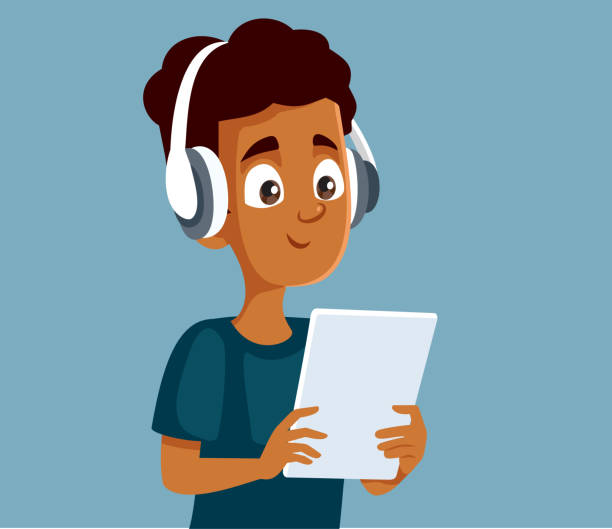 подросток мальчик в наушниках держащий планшетный пк векторный мультфильм - digital tablet audio stock illustrations