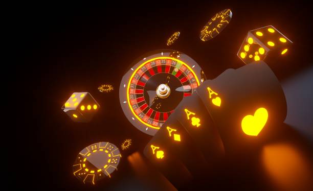 未来的な黒とオレンジのネオンルーレットホイール、4つのエース、チップとダイス - 3dイラストレーション - roulette roulette wheel casino gambling ストックフォトと画像