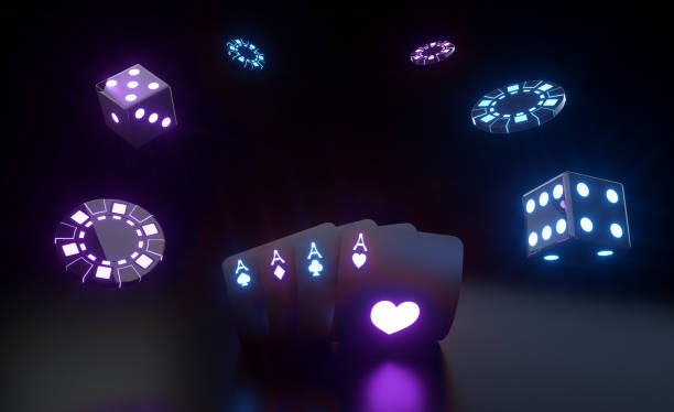 istock Futuristic Black And Blue, Purple Neon Four Aces, Chips And Dices - 3D Illustration 1350773617