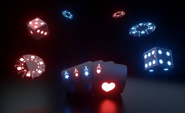 istock Futuristic Black And Blue, Red Neon Four Aces, Chips And Dices - 3D Illustration 1350774138