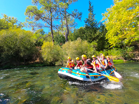Koprulu Canyon, Antalya, Turkey - September 15, 2021: People at water rafting at Kopryuchay River in Koprulu Canyon, Turkey. Kopryuchay River and Manavgat River is most popular rafters in Turkey