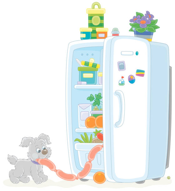 istock Little pup filching sausages from a fridge 1350774744