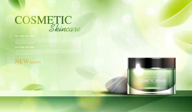 Refreshing green tea cosmetics or skin care product ads with bottle, banner ad for beauty products, stone and flying leaves on background glittering light effect. vector design Refreshing green tea cosmetics or skin care product ads with bottle, banner ad for beauty products, stone and flying leaves on background glittering light effect. vector design. skin care background stock illustrations