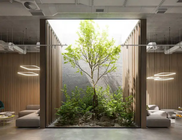 Computer-generated image of environment friendly office foyer. Creative office lobby in 3D with a tree.