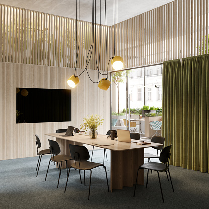 3D Rendering of a office conference room. Digitally generated image of a creative office conference room with green curtains, big television screen and overhanding electric lights.