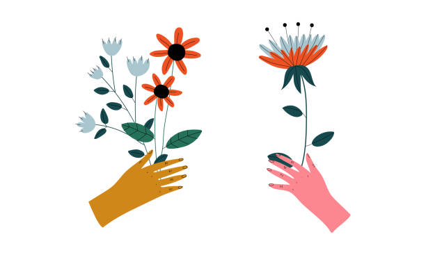 istock Human Hand Holding Bouquet or Bunch of Blooming Flowers Vector Set 1350785214