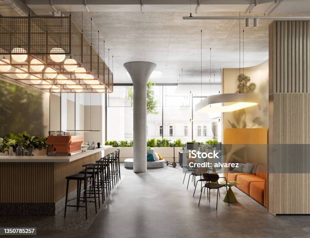 3d Rendering Of Modern Office Cafeteria Stock Photo - Download Image Now - Office, Cafe, Cafeteria