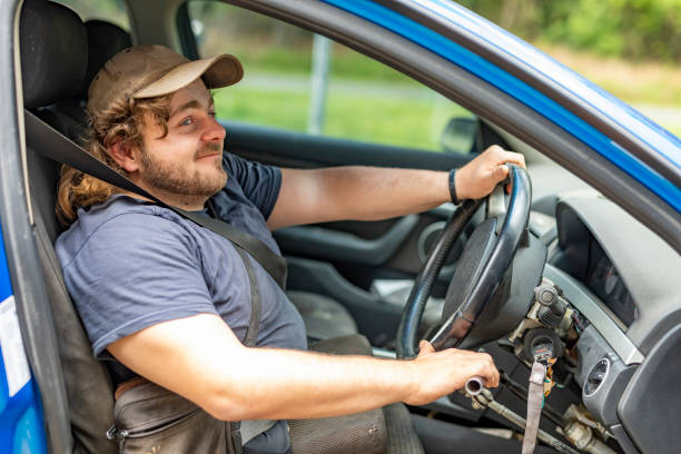 Disabled man with no legs driving his car