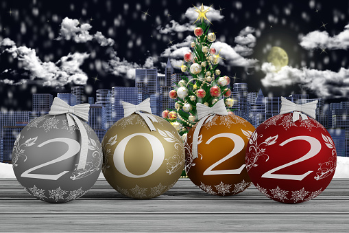 3D illustration. New Year 2022. New Year 2022 in numbers and with Christmas decoration.