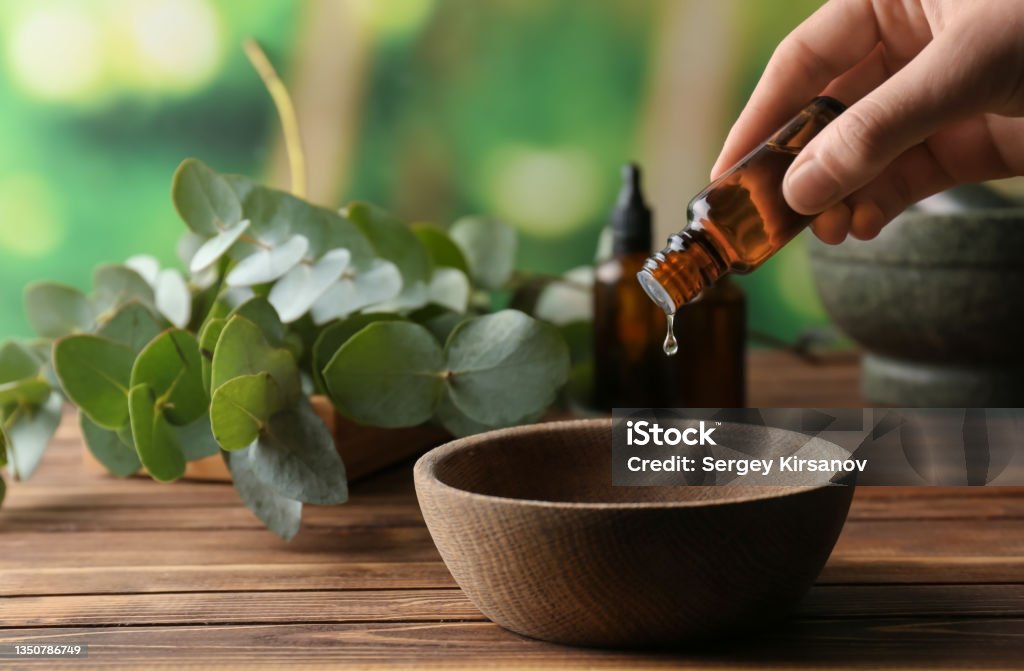Woman pouring eucalyptus essential oil into bowl on wooden table Essential Oil Stock Photo