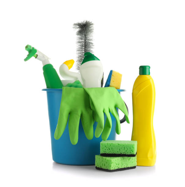 istock Bucket with cleaning supplies on white background 1350786784