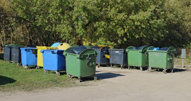 istock Big standard  isolated plastic trash bins are located near forest 1350787092