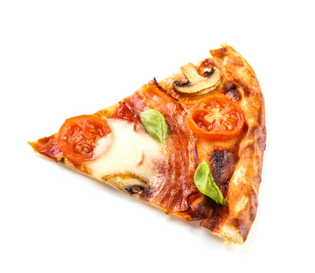 istock Slice of delicious pizza on white background 1350787131