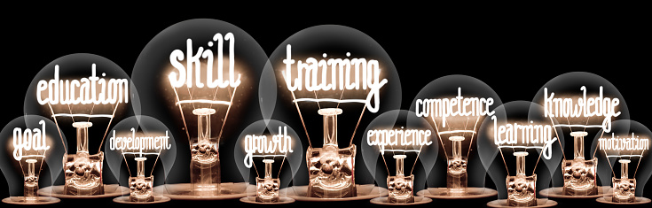 Photo of light bulbs with shining fibers in a shape of Skill Training, Education, Ability and Knowledge concept related words isolated on black background