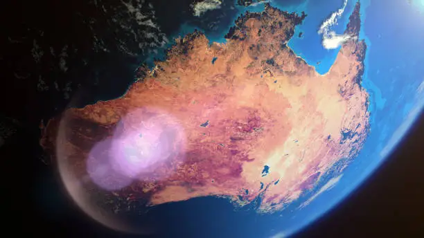 Cinematic space view of red Australia, realistic planet Earth rotation in cosmos, used NASA textures (https://visibleearth.nasa.gov/collection/1484/blue-marble?page=1).