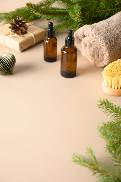istock Spa concept, wellness objects on wood plant, christmas background. Present holiday 1350790362