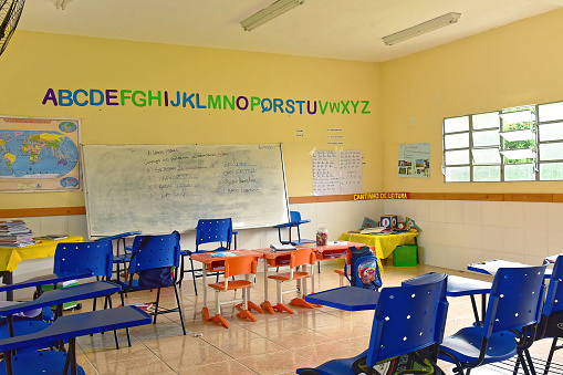 Classroom of Escola Indigena Municipal Puranga Pisasu in Rio Cuieiras Zona Rural. Taken in Manaus, Brasil on May, 31, 2019